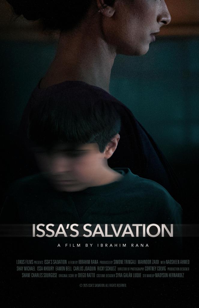 A film poster for 'Issa's Salvation' featuring the profile of a woman and a blurred image of a boy, with the film's title and credits at the bottom.